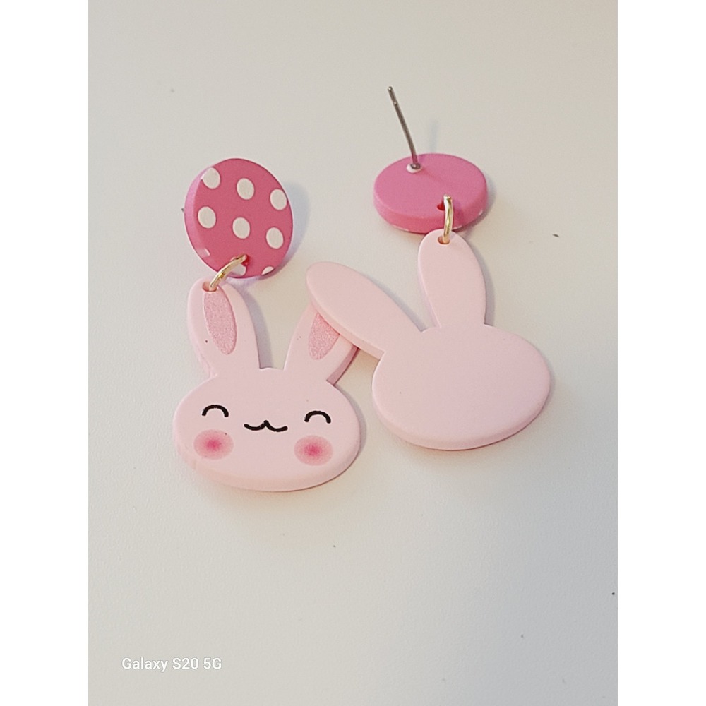 Pink Bunny Rabbit Polka Dot Drop Stud Earrings Handmade Jewelry NEW Easter - Picture 5 of 8